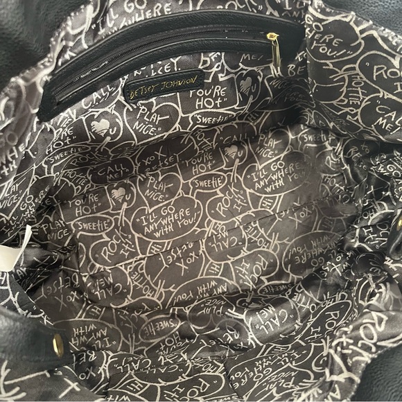Betsey Johnson Black Quilted Rose Shoulder Tote Bag Black White Pink Bow Large - Picture 8 of 13